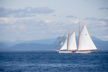 Fototapeta na wymiar Sailboat on the ocean with mountains in the background