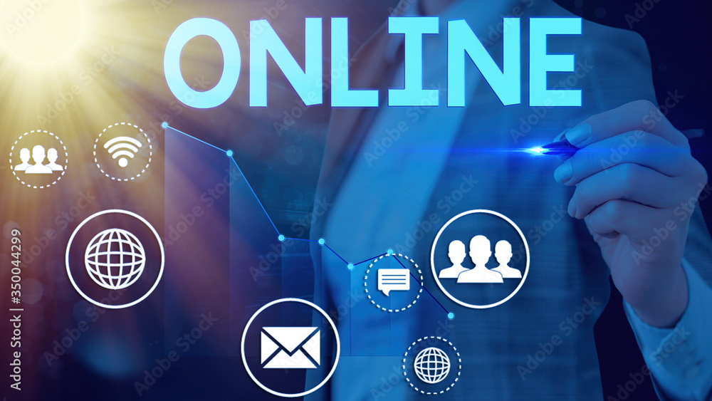 Poster word writing text online. business photo showcasing the computer or device connected to a network an