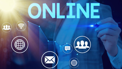 Word writing text Online. Business photo showcasing the computer or device connected to a network...
