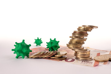 A lot of stacked coins are in an unstable position due to the appearance of the covid-19 coronavirus. Conceptual image about the economic crisis.