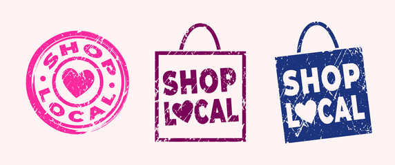 Shop local business concept. Stamp style. Grunge textures.Vector illustrations.