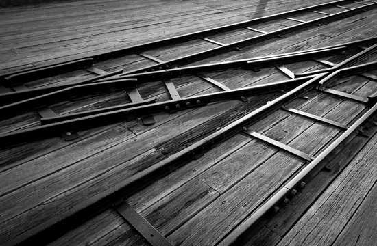 rail tracks monochrome turnouts on wooden pier