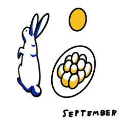 9月のイラスト-十五夜のお月見団子と白いうさぎ
