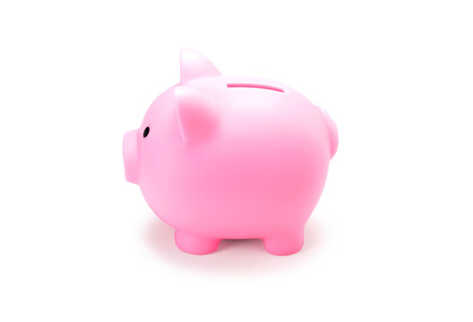 Pink piggy bank for save coin  realistic photo image on white background. Side view of Pig doll for saving money isolate with clip path for di cut.