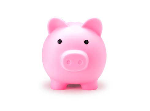 Pink piggy bank for save coin realistic photo image on white background. Front view of Pig doll for saving money isolate with clip path for di cut.