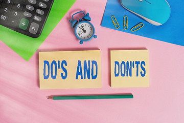 Handwriting text Do S And Don tS. Conceptual photo Rules or customs concerning some activity or...