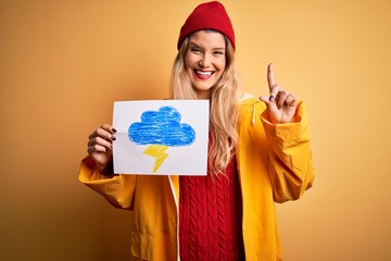 Young beautiful blonde woman wearing raincoat holding banner with cloud thunder image surprised with an idea or question pointing finger with happy face, number one