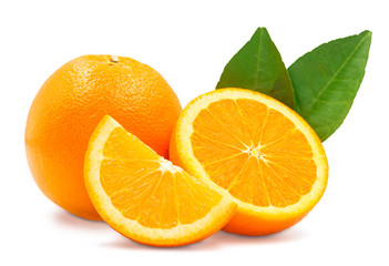 Obraz na płótnie Canvas Whole, cross section and quarter of fresh organic navel orange with leaves in perfect shape on white isolated background, clipping path. Orange have vitamin c, sweet and delicious. Fresh fruit concept