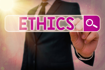 Word writing text Ethics. Business photo showcasing the moral philosophy or code of morals...