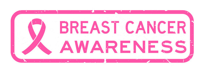 Grunge pink breast cancer awareness word with ribbon square rubber seal stamp on white background