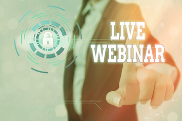 Text sign showing Live Webinar. Business photo showcasing presentation lecture or seminar...