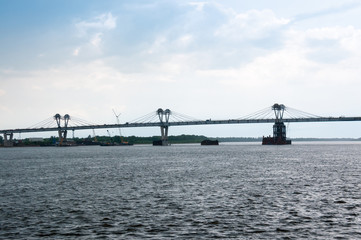 Russia, Blagoveshchensk, July 2019: Bridge on the Amur river from Blagoveshchensk to the Chinese city of Heihe in summer