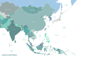 asia map. asia country named map. detailed vector map of asian countries. - obrazy, fototapety, plakaty