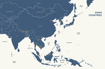 asia map. detailed vector map of asian countries. - obrazy, fototapety, plakaty