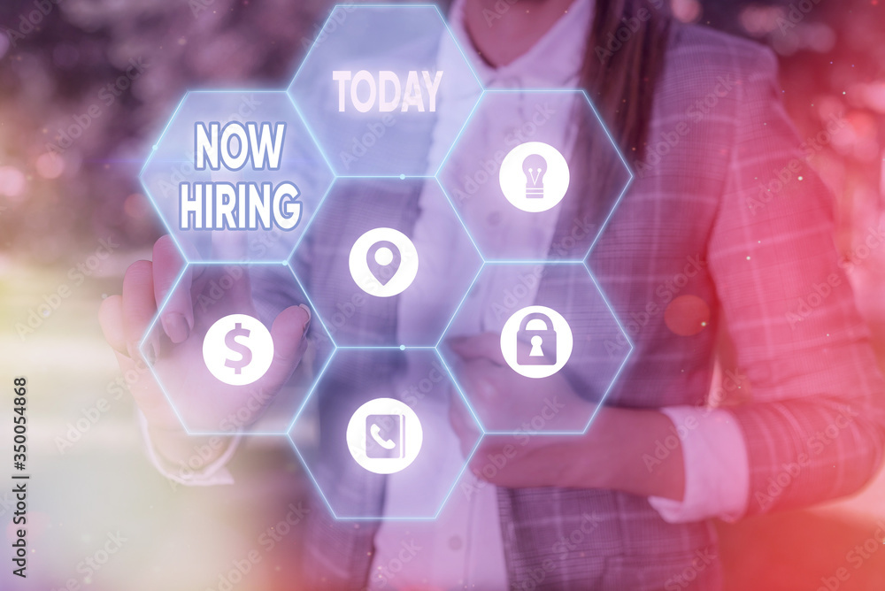 Poster text sign showing now hiring. business photo text finding evaluating working relationship with futur