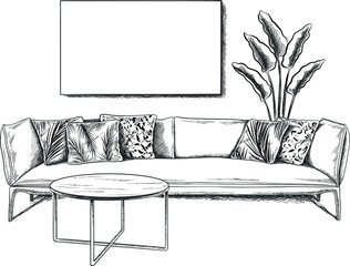 Hand drowning modern interior design. Vector sketch in black and white. Sofa and living room with coffee table, lots textile and painting and lighting. Place for your text copy space.