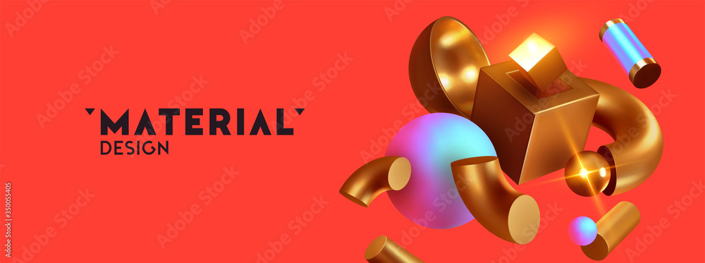 Poster vector illustration horizontal banner. modern minimal design with realistic 3d render objects. abstr