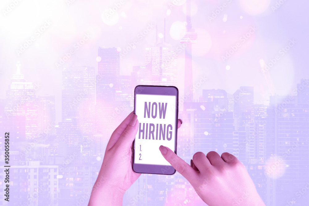 Poster handwriting text writing now hiring. conceptual photo finding evaluating working relationship with f