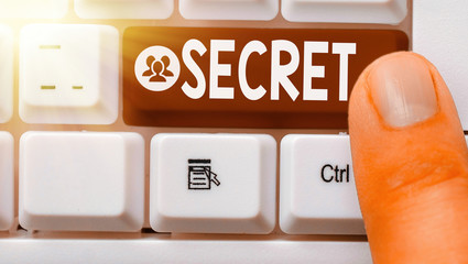 Text sign showing Secret. Business photo showcasing something that is kept or meant to be kept...