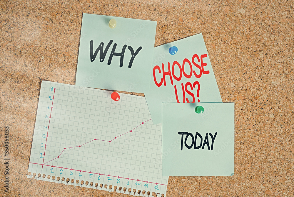 Poster word writing text why choose us question. business photo showcasing list of advantages and disadvant