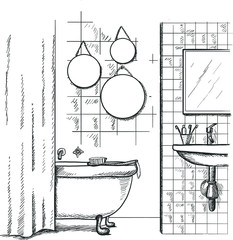 Vector hand drawing modern interior sketch. Bathroom interior.