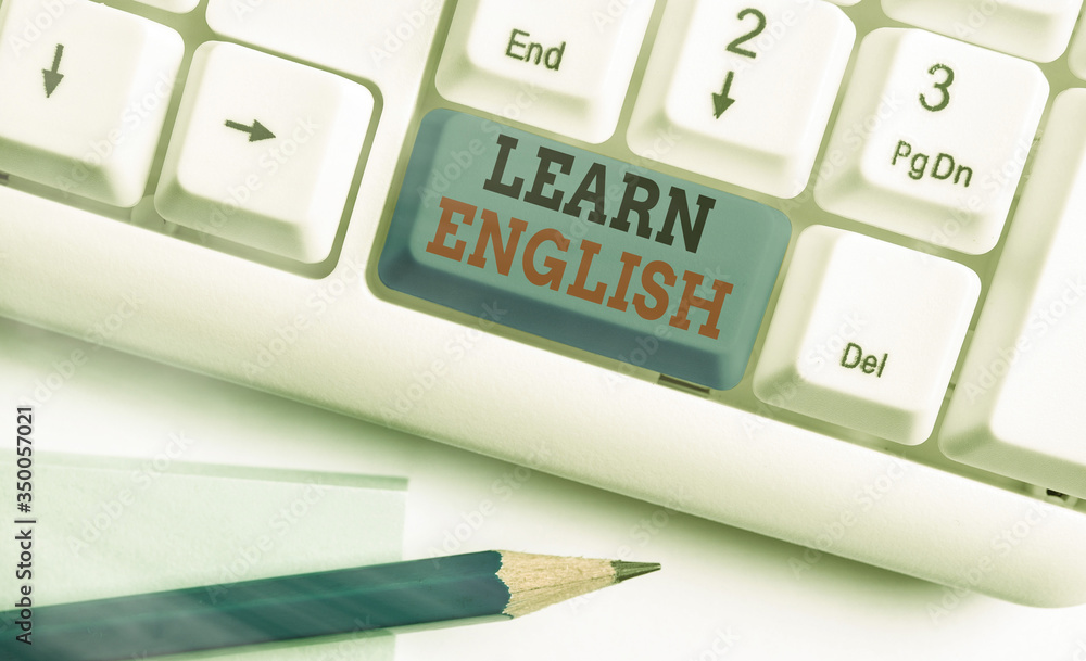 Poster word writing text learn english. business photo showcasing gain acquire knowledge in new language by