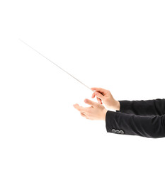 Hands of little conductor on white background