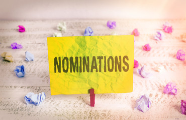 Conceptual hand writing showing Nominations. Concept meaning action of nominating or state being...
