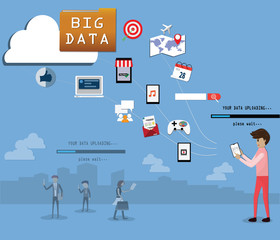 Flat design of big data, The marketers collect customers data from like and share content on social media application - vector