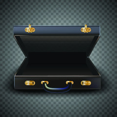 3d realistic vector open suitcase, man luggage, isolated.