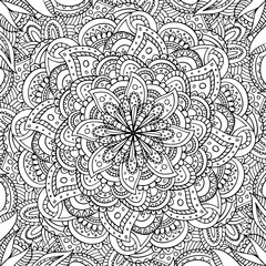 Square black and white hand drawn outline vector flower mandala colouring page for children, adults. Zentangle line art for meditation. Monochromic yoga print with plenty of details. EPS10, editable. 