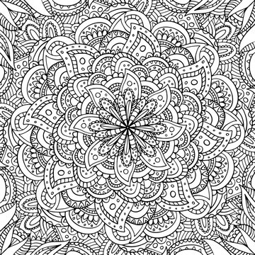 Square black and white hand drawn outline vector flower mandala colouring page for children, adults. Zentangle line art for meditation. Monochromic yoga print with plenty of details. EPS10, editable. 