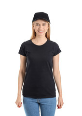 Obraz premium Beautiful young woman in stylish cap on white background