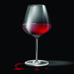Isolated 3d realistic vector full red wine glass on black background with red stain for menu and restaurant lists.