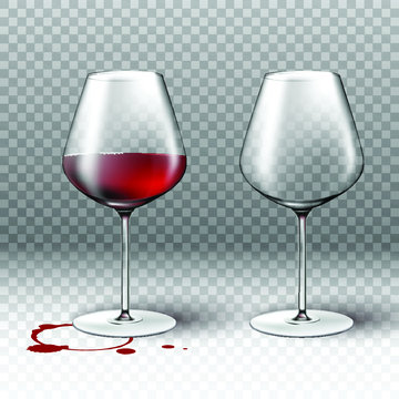 Isolated 3d realistic vector empty and full wine glass on transparent background with red stain for menu and restaurant lists.