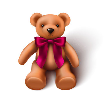 3d realistic baby toy teddy bear with red velvet bow. Isolated.