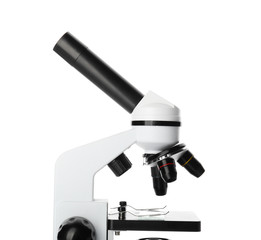 Modern microscope on white background