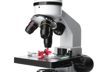 Modern microscope on white background, closeup