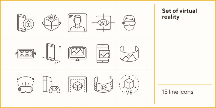 Set of virtual reality icons. Mobile and cube, eye scanner, game consol. Virtual reality concept. Vector illustration can be used for topics like VR, modern technologies, inventions