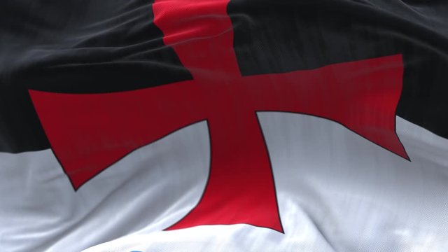 4k Knights Templar flag;knight cloth texture slow loop seamless waving  in blue sky with visible wrinkles in wind background.A fully digital rendering;animation loops at 20 seconds.