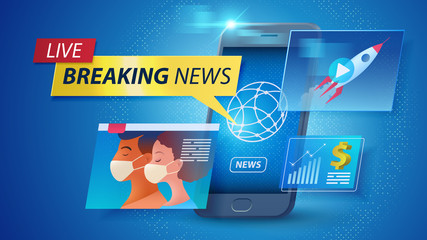 Online news on smart devices concept. Watching Breaking news and updates LIVE anytime anywhere using a smartphone. Flat design of smartphone usability. Vector illustration.