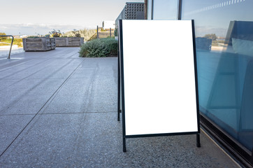 Blank white outdoor advertising stand/sandwich board mockup template. Clear street signage board...