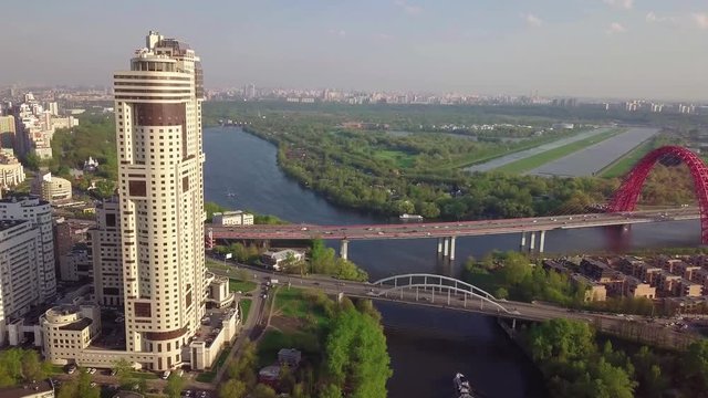 Aerial view in the area of Mitino, North and South Tushino, Pavshino, Silver Boron Park. Moscow River Canal, a view of the cityscape.