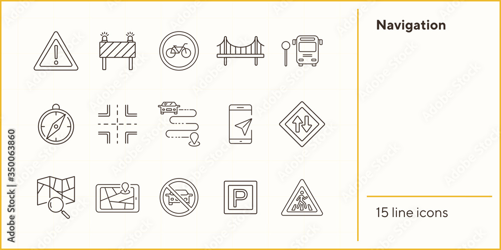 Poster Navigation line icons. Set of line icons. Compass, bus stop, mobile navigator. Traffic concept. Vector illustration can be used for topics like navigation, travelling