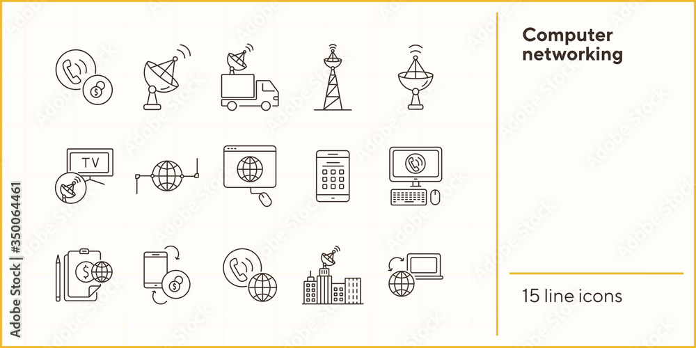 Poster computer networking thin line icon set. wireless technology, global network, broadcast, connection i
