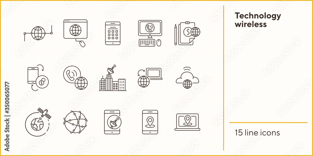Poster technology wireless thin line icon set. interconnection web, flow information, broadcast isolated si