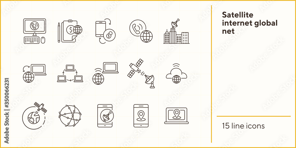 Poster satellite internet global net thin line icon set. connection, wireless signal, worldwide network iso