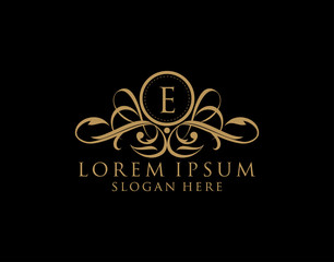 Luxury E Letter Logo, Flourishes calligraphic monogram emblem template for Restaurant, Boutique,Wedding, Hotel, Photography, Fashion and Label.