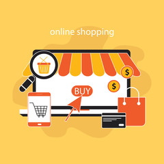 Online shopping, e- commerce.concept Flat design 