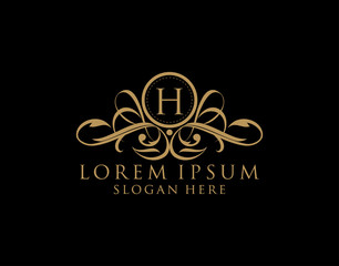 Luxury H Letter Logo, Flourishes calligraphic monogram emblem template for Restaurant, Boutique,Wedding, Hotel, Photography, Fashion and Label.